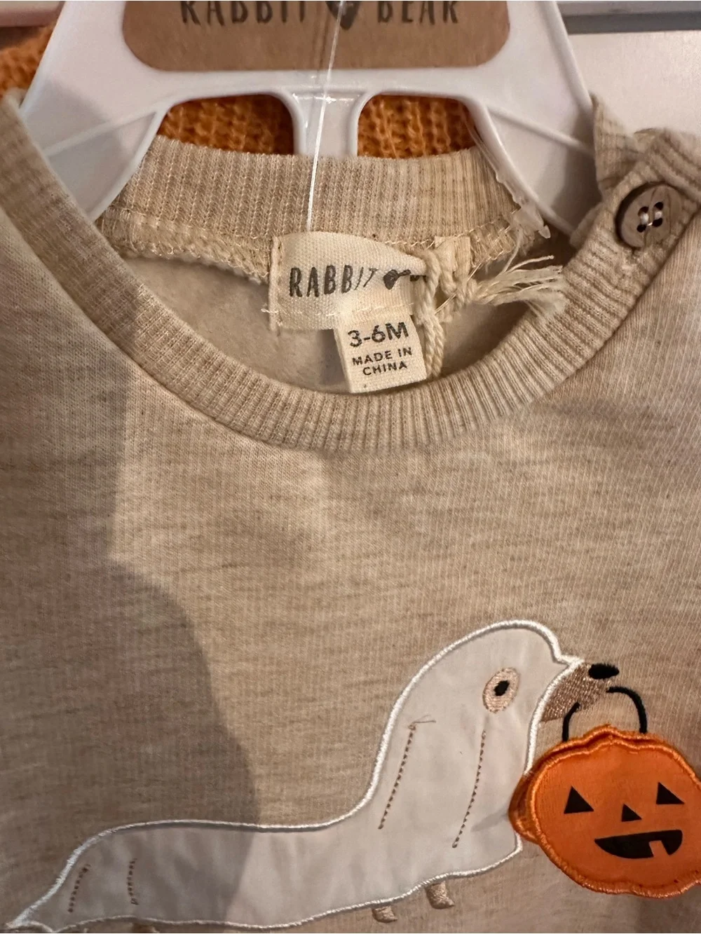 Rabbit & Bear Beige Baby Sweatshirt Set with Dachshund Ghost & Pumpkin Appliqué